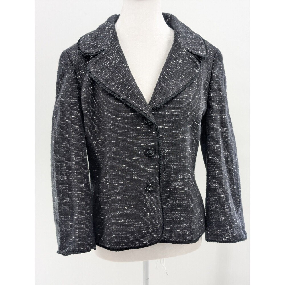 Ann Taylor Tweed Black White Flecked Sequin Button Ruffle Detail Blazer Size 10
